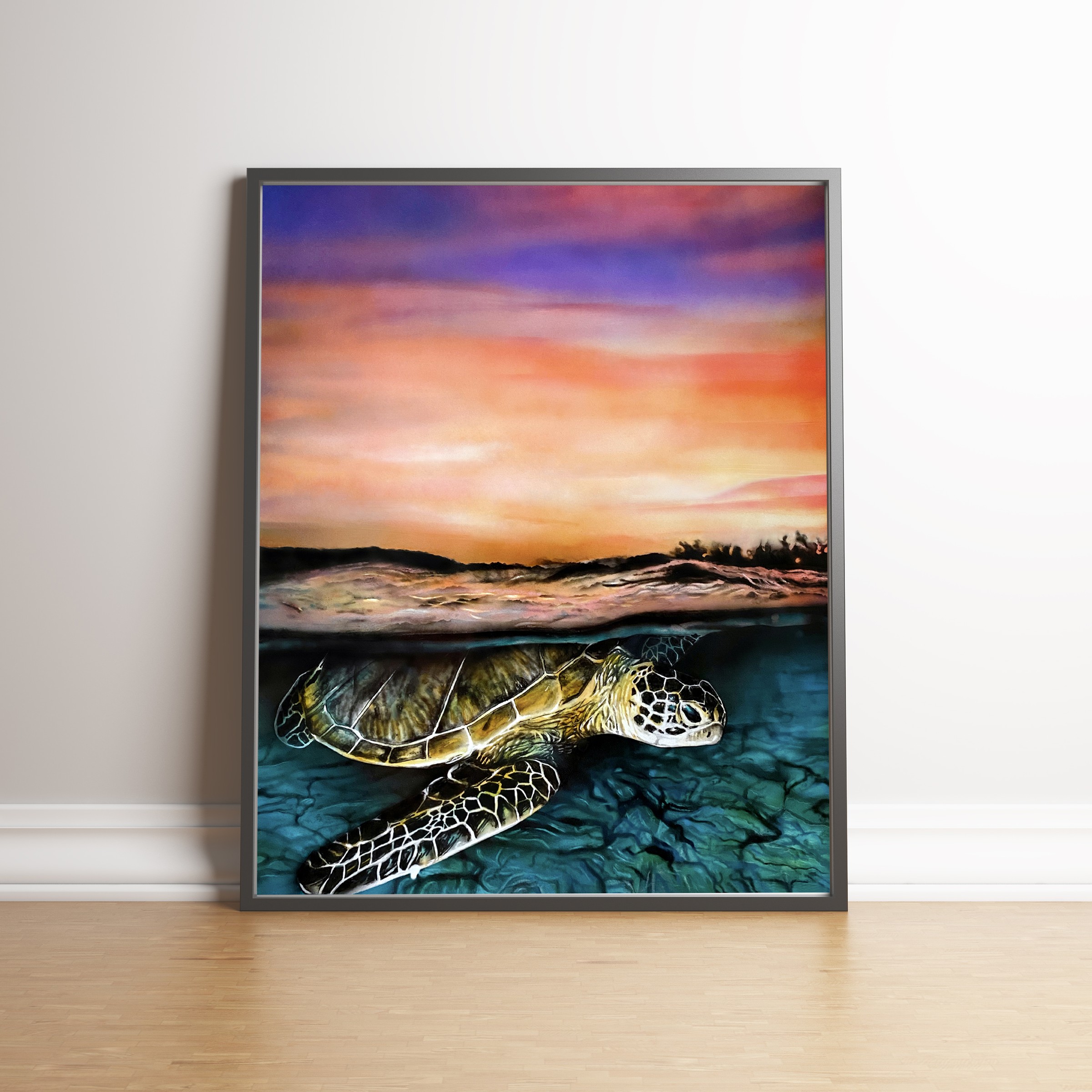 Sea Turtle at Sunset, framed in a room